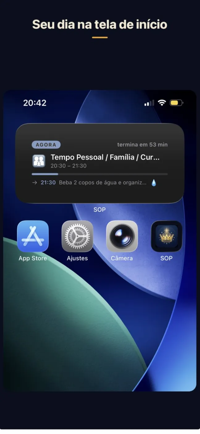 Widget do SOP na tela de início do iPhone, mostrando o bloco atual e o próximo compromisso