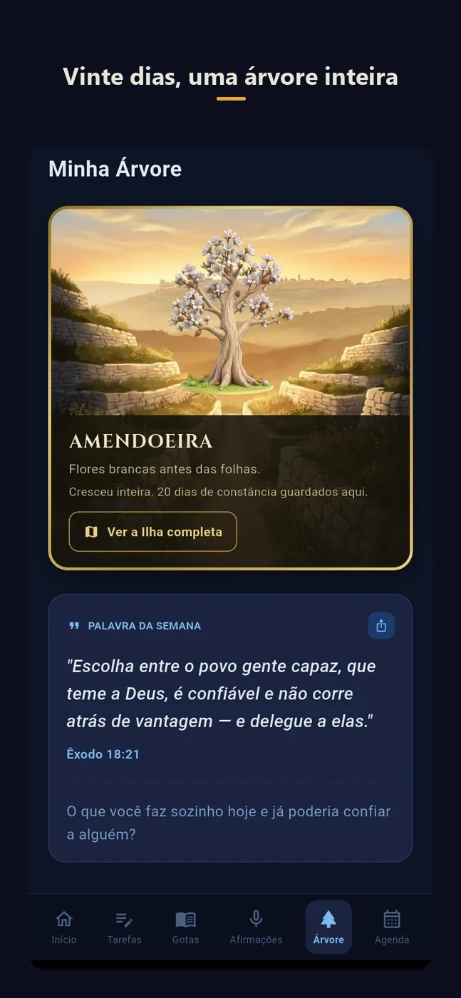 Tela Minha Jornada com a Ilha da Prosperidade, mostrando a árvore em destaque