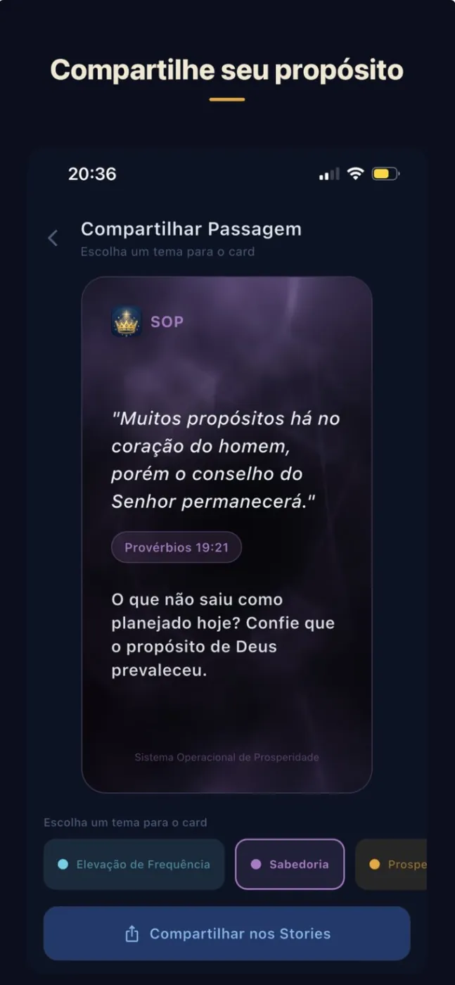 Tela de compartilhar passagem, com card visual pronto para postar e temas para escolher